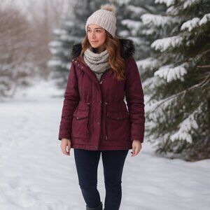 New Look Utility jacket Faux Fur Around Hood Large Zip Snaps Pockets Drawstring